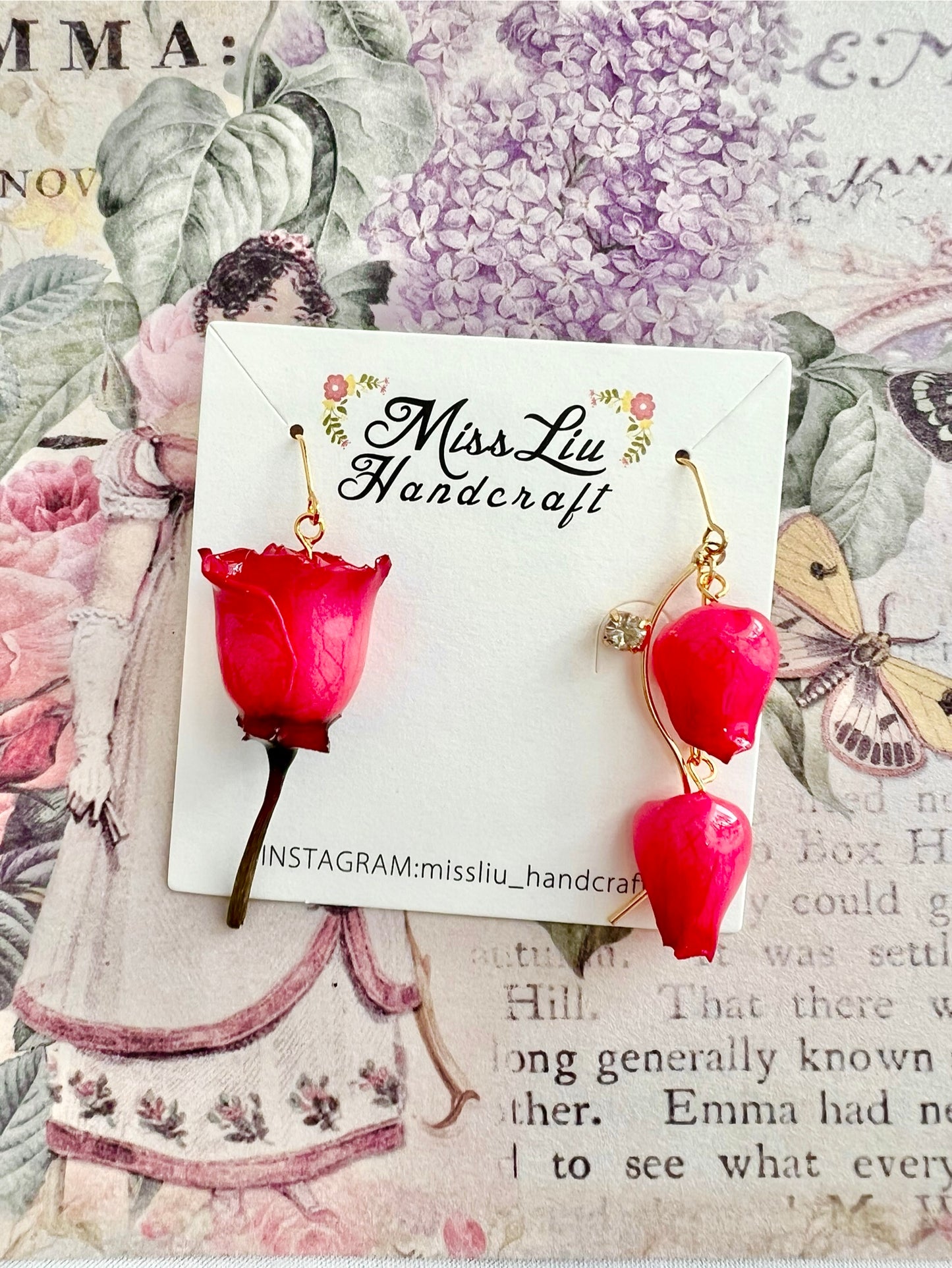 Japanese red rose earring