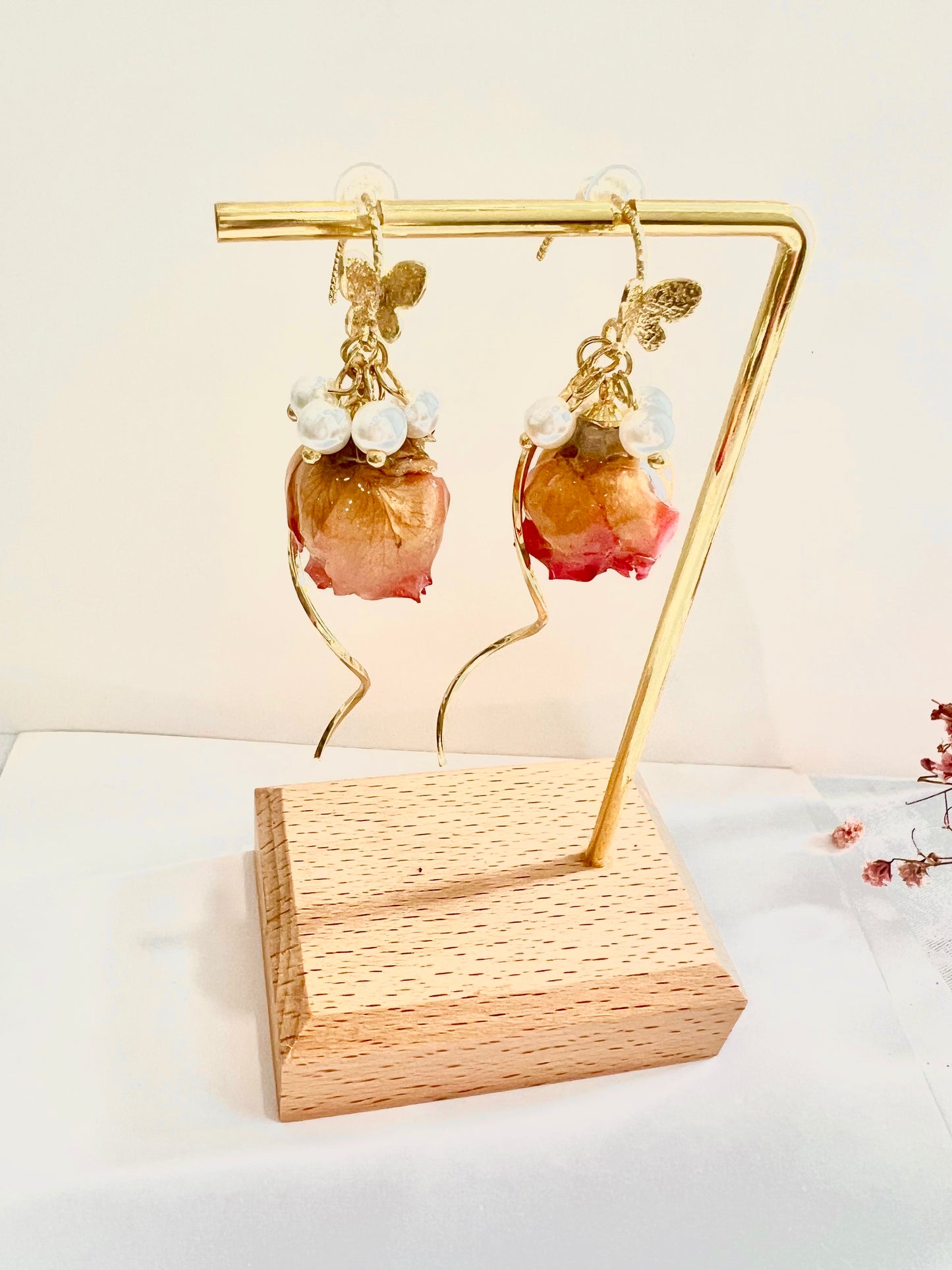 Handmade pink rose butterfly+ pearl earring