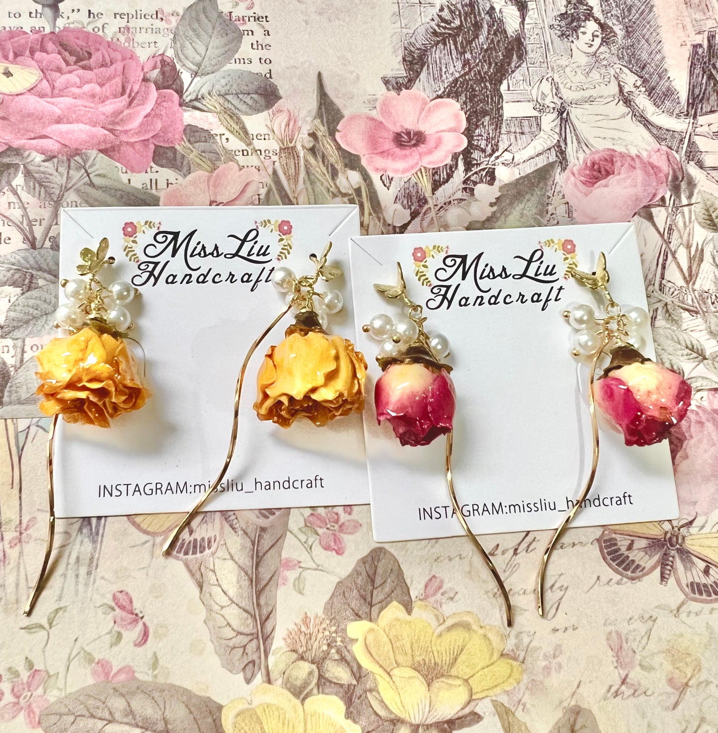 Handmade pink rose butterfly+ pearl earring