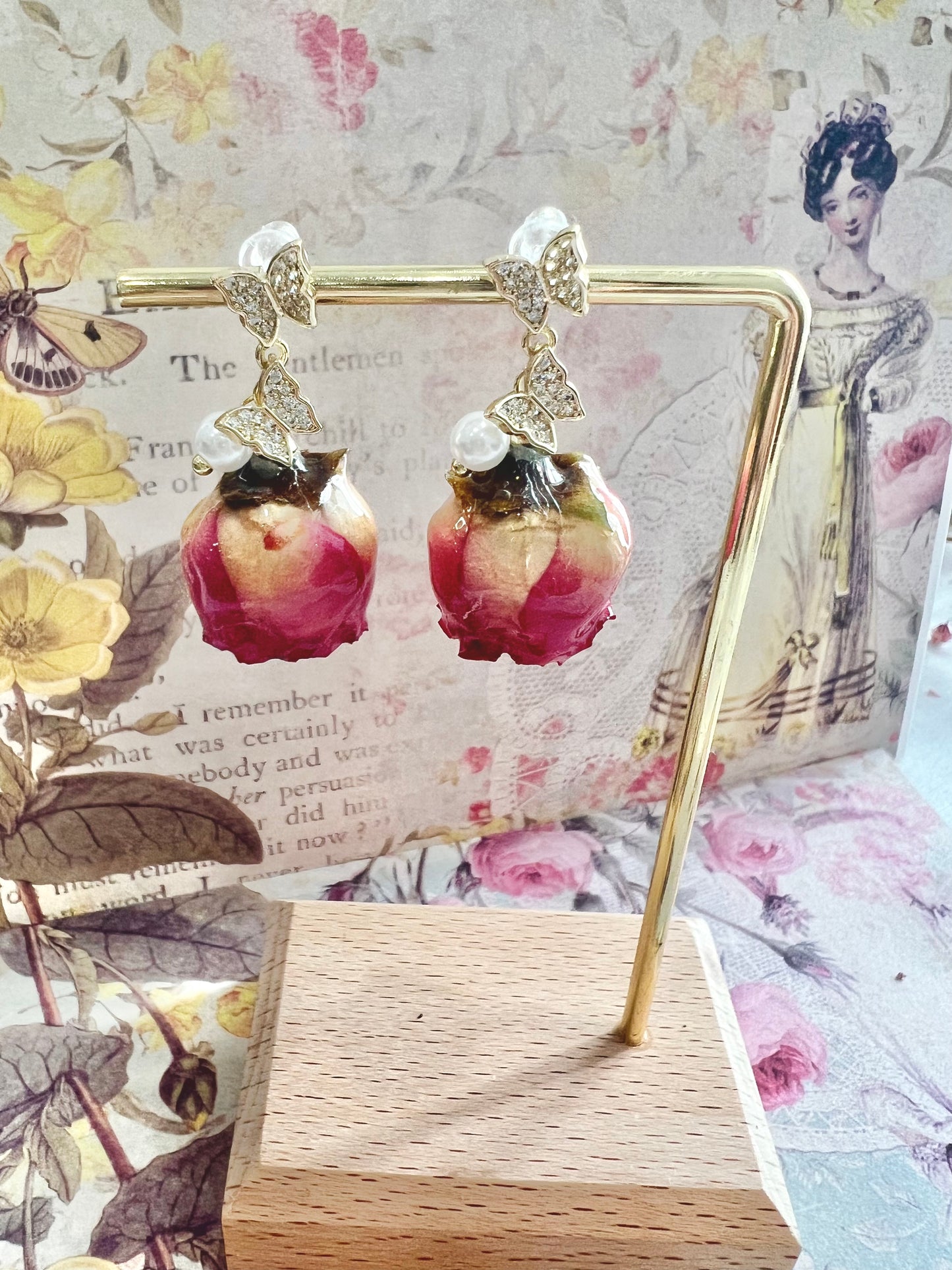 Handmade pink rose butterfly earring