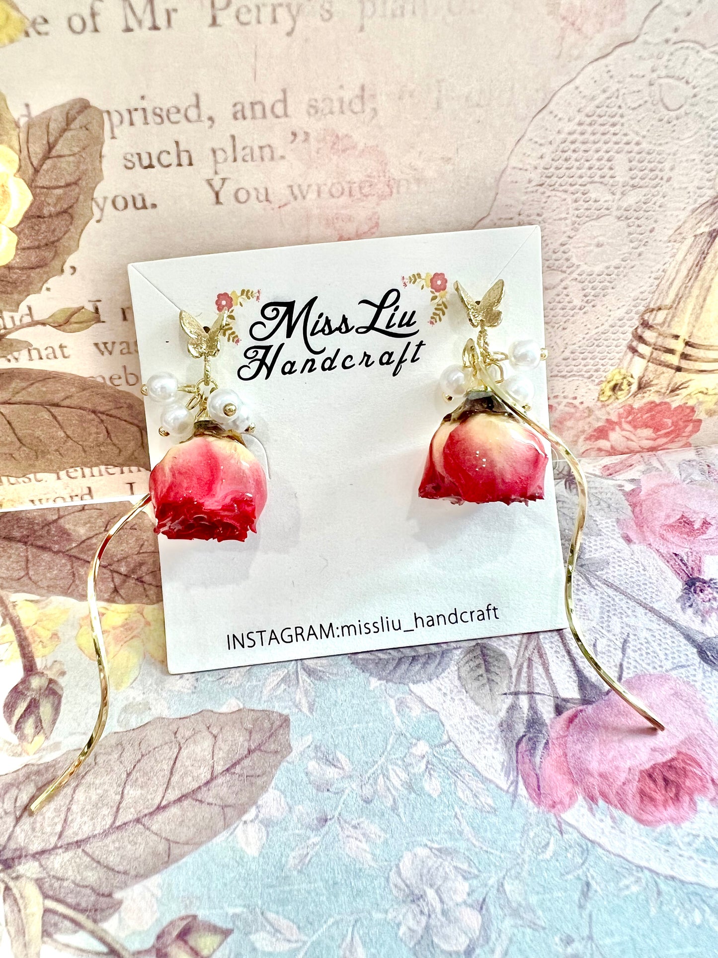 Handmade pink rose butterfly+ pearl earring
