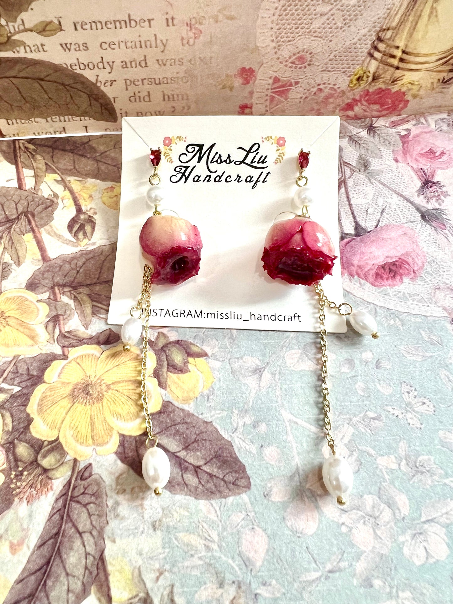 Handmade pink rose pearl dangling earring