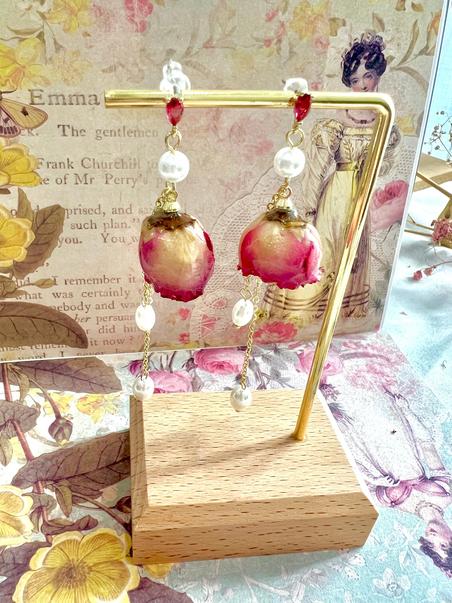 Handmade pink rose pearl dangling earring