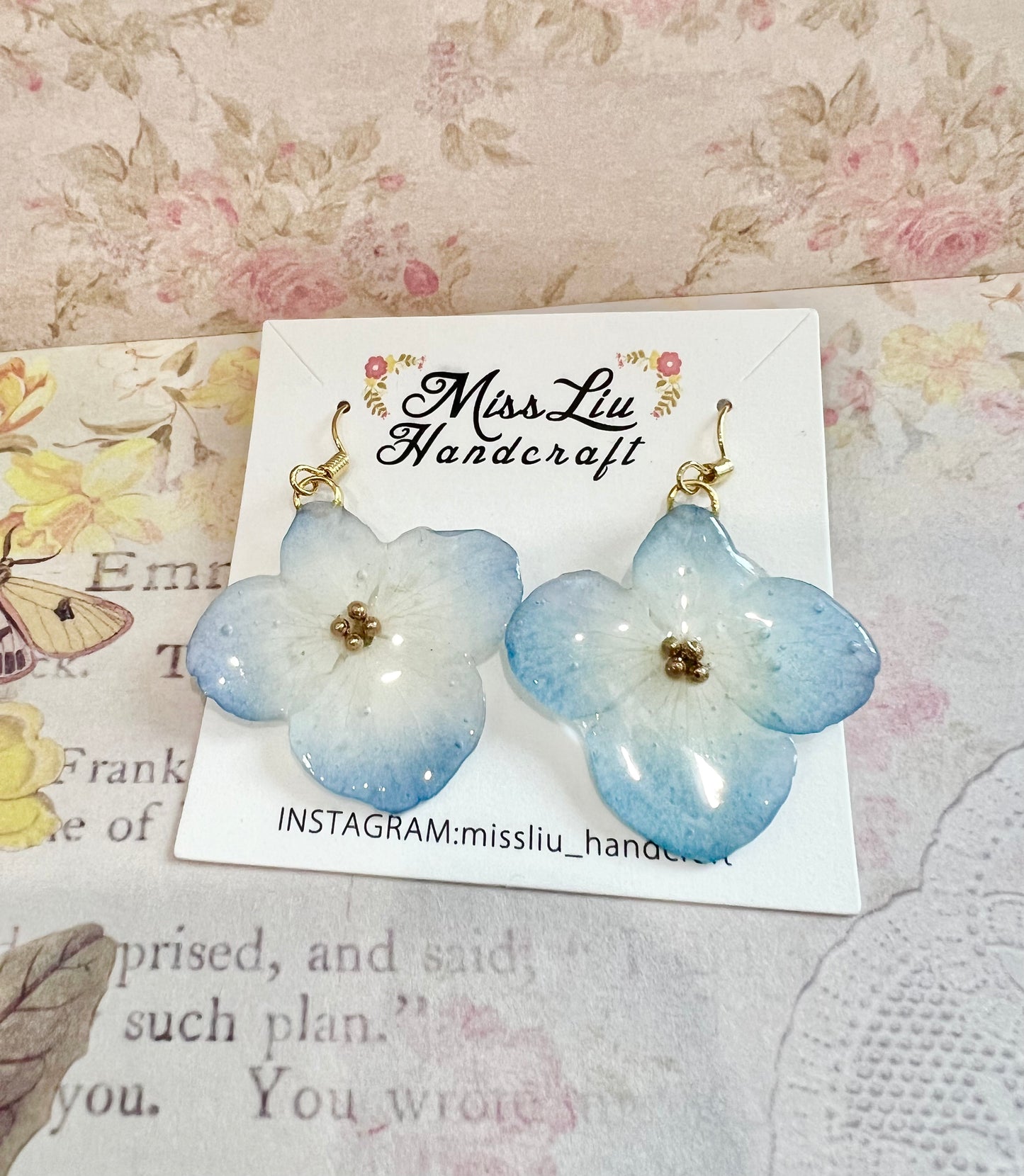 Handmade baby blue hydrangea dangling earring