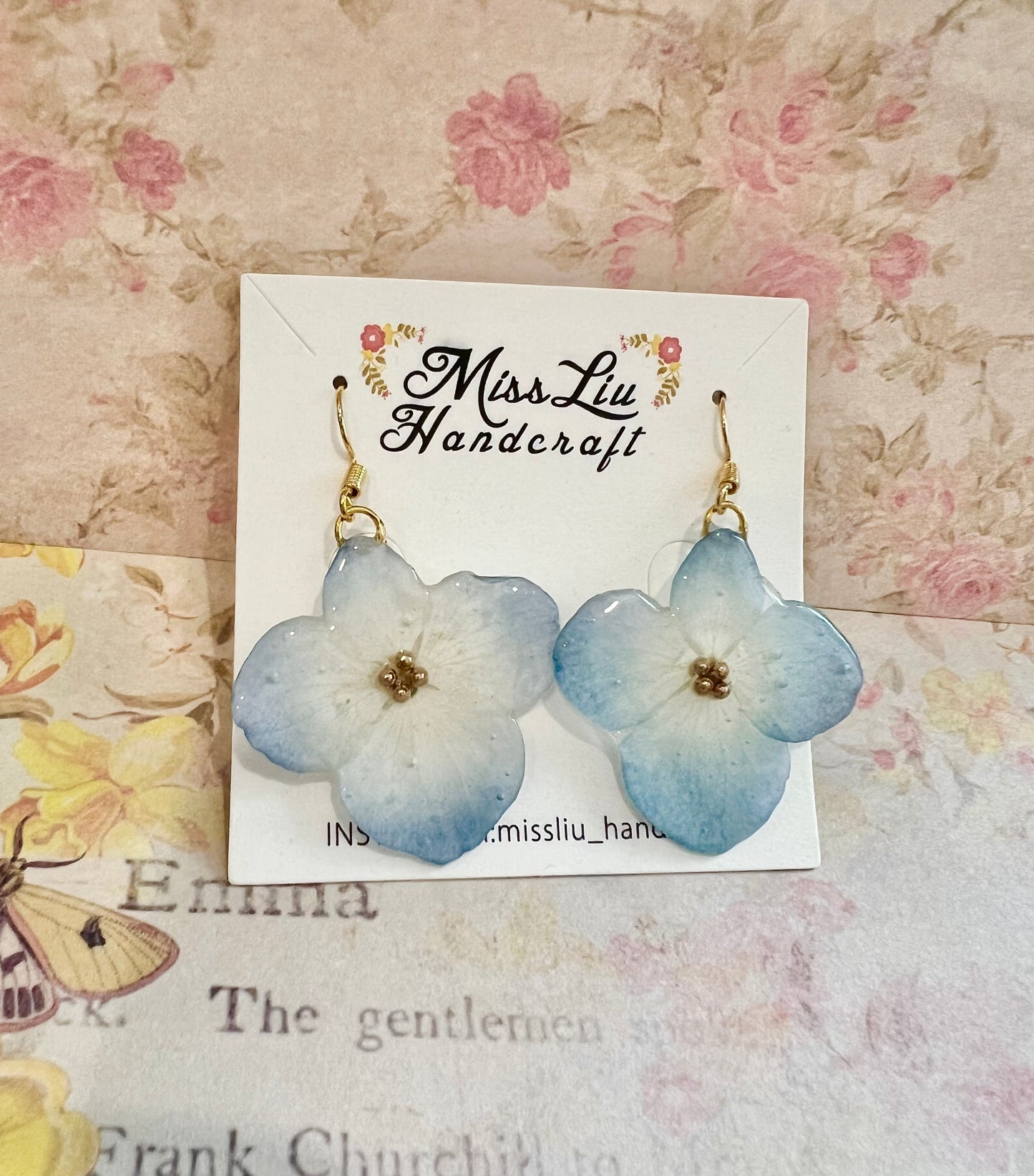 Handmade baby blue hydrangea dangling earring