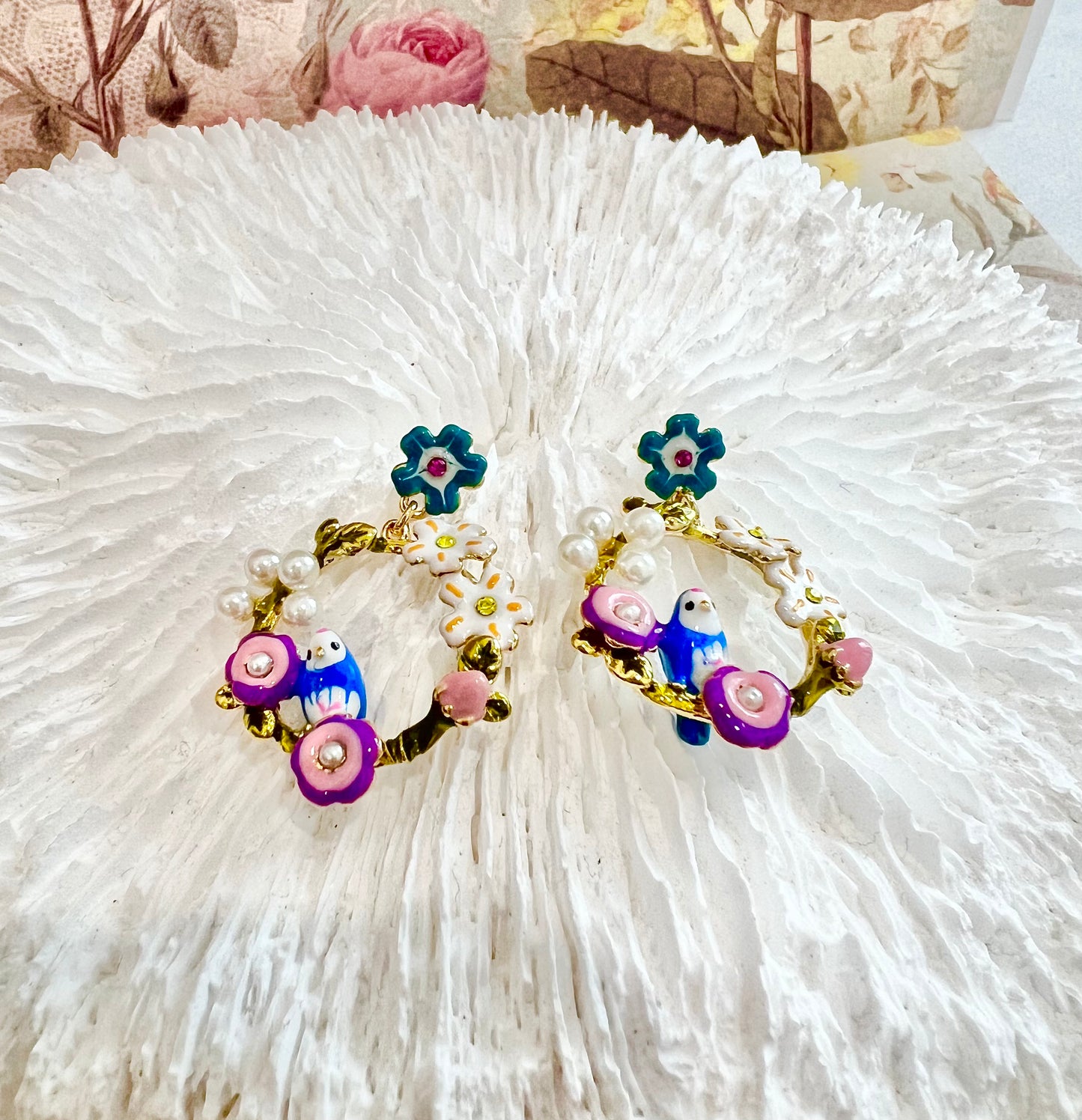 Blue flower bird earring