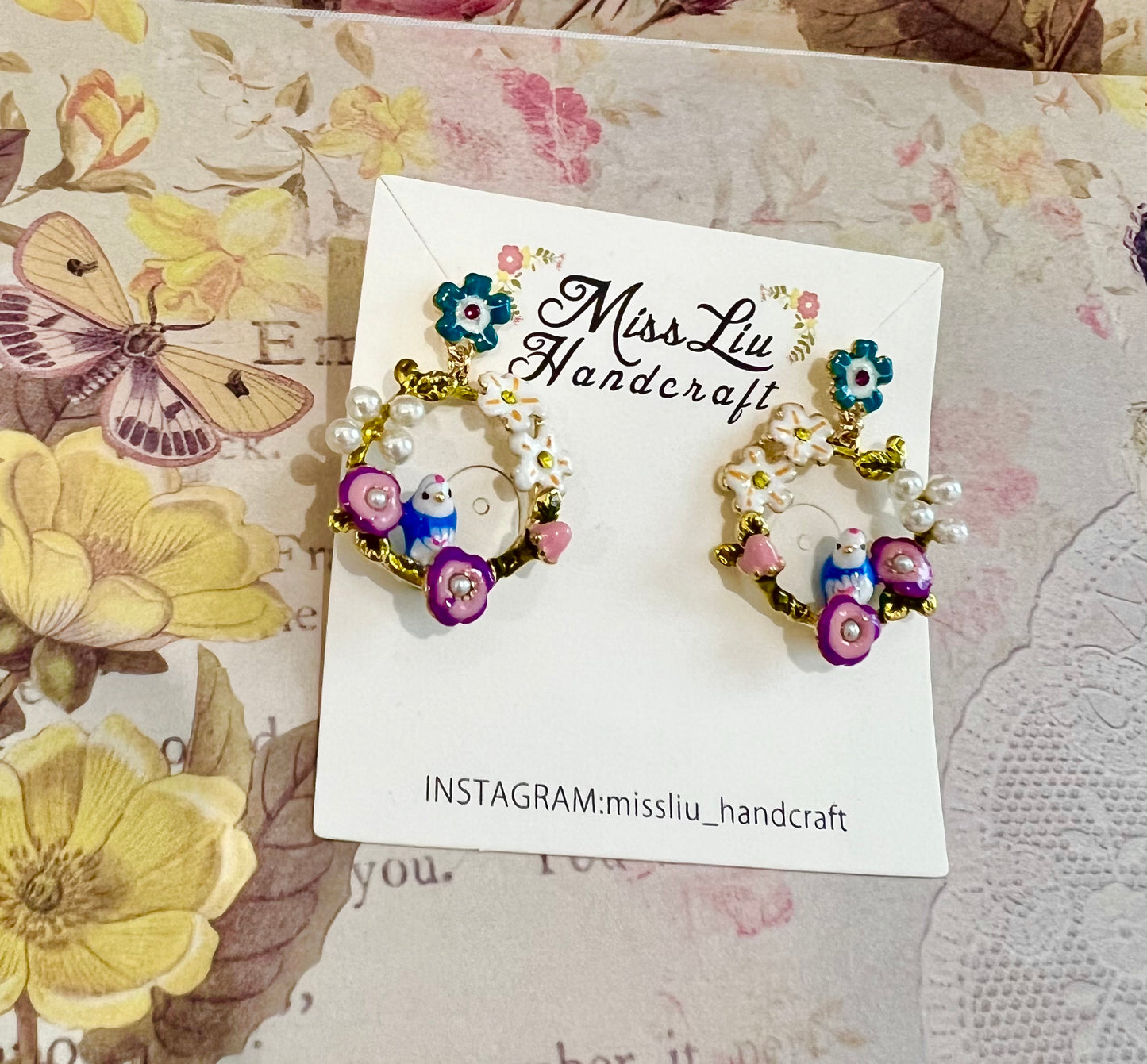Blue flower bird earring