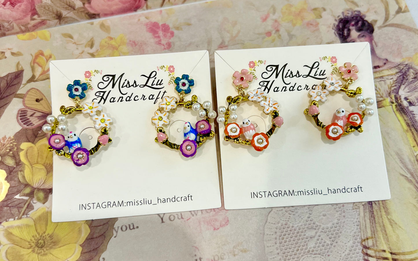 Blue flower bird earring
