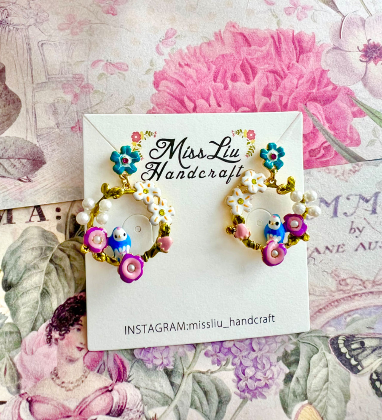 Blue flower bird earring