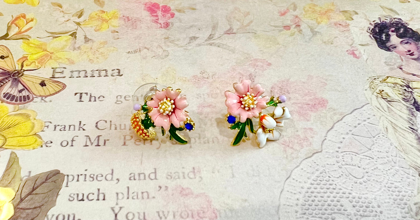 Pink flower combination earring