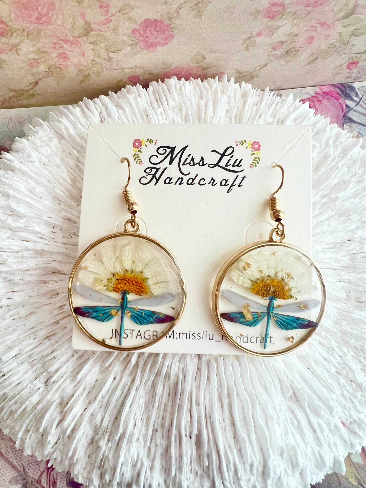 Handmade white flower dragonfly earring