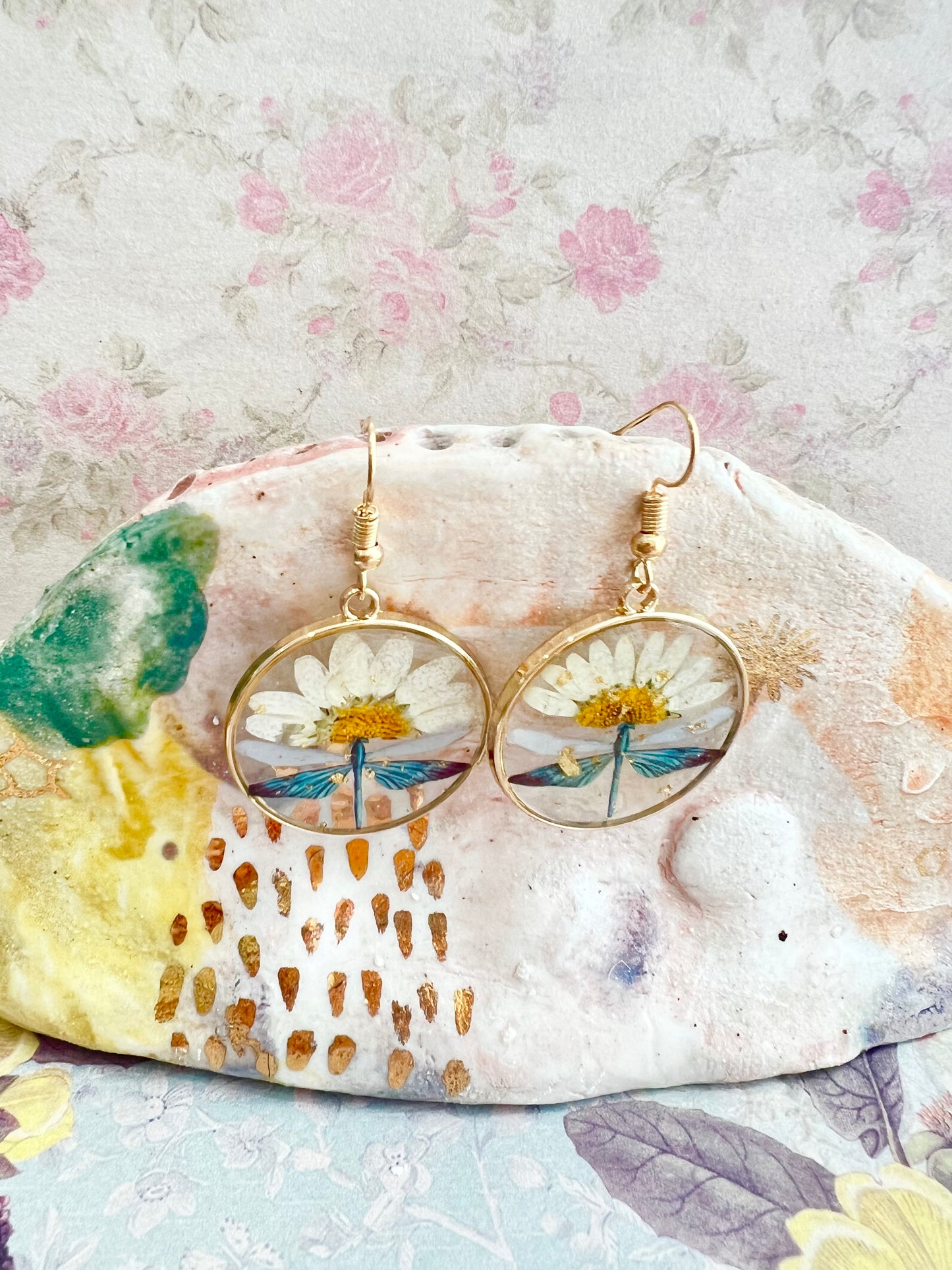 Handmade white flower dragonfly earring