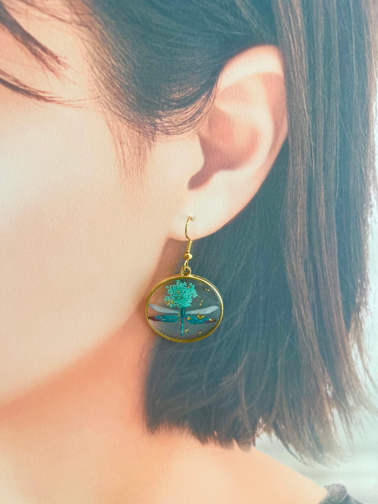 Handmade blue flower dragonfly earring