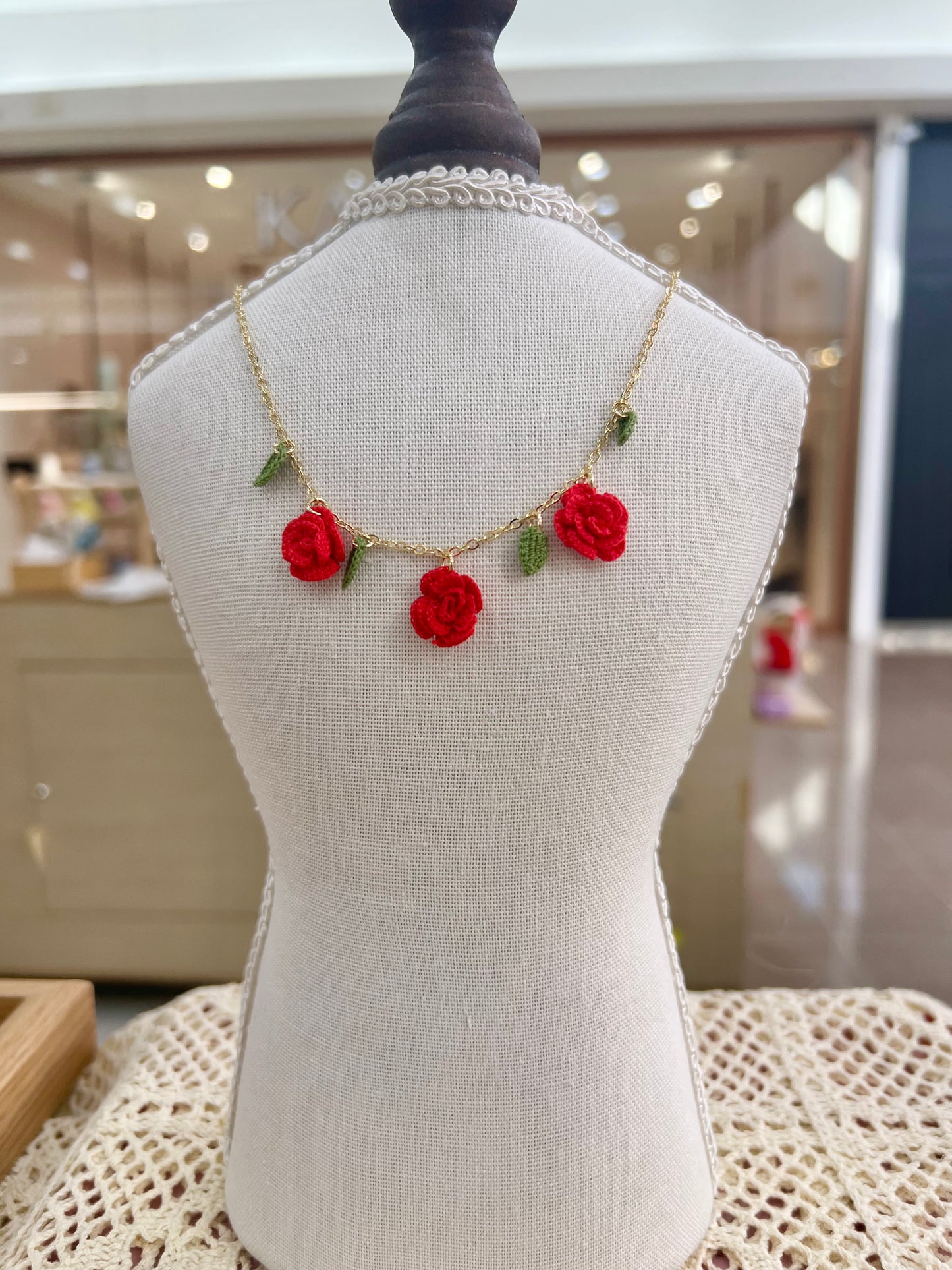 Handmade crochet red rose necklace