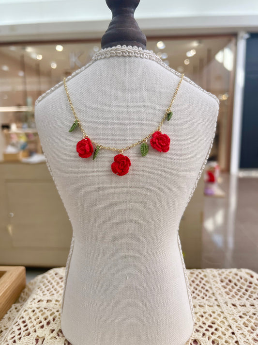 Handmade crochet red rose necklace