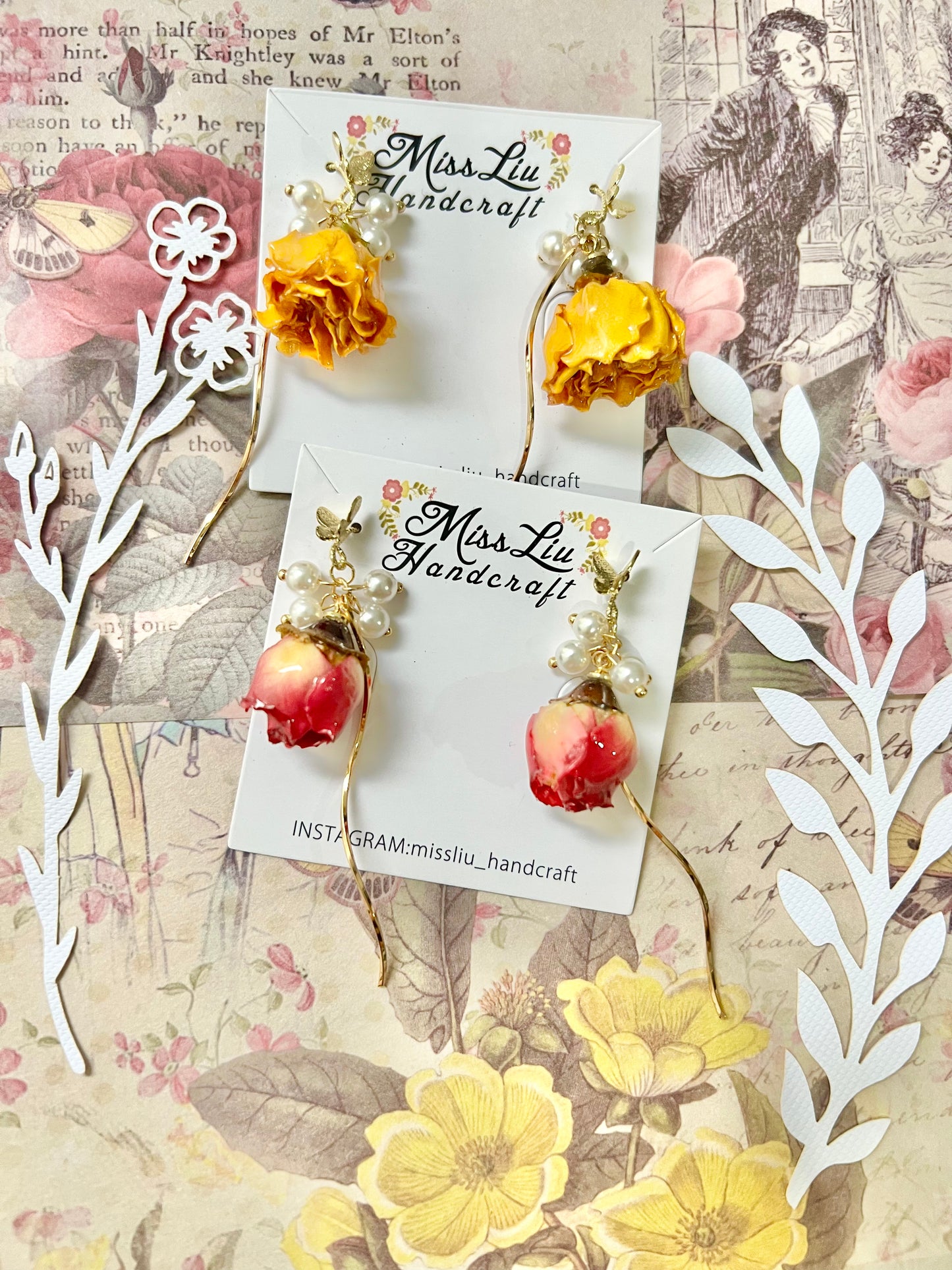 Handmade yellow rose butterfly+ pearl earring