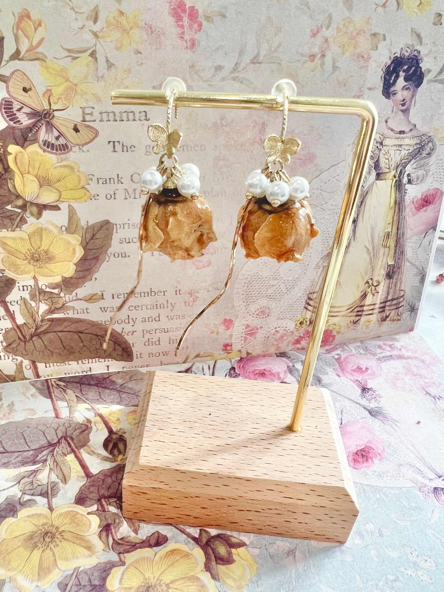 Handmade yellow rose butterfly+ pearl earring