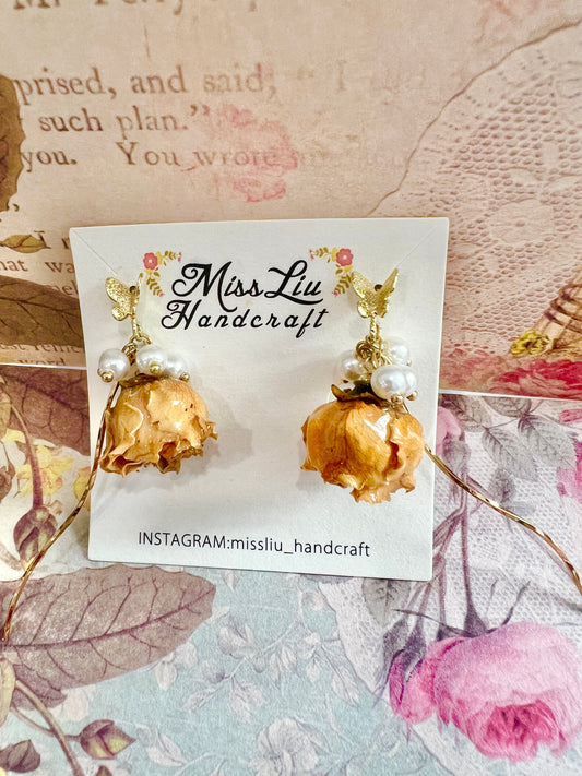 Handmade yellow rose butterfly+ pearl earring