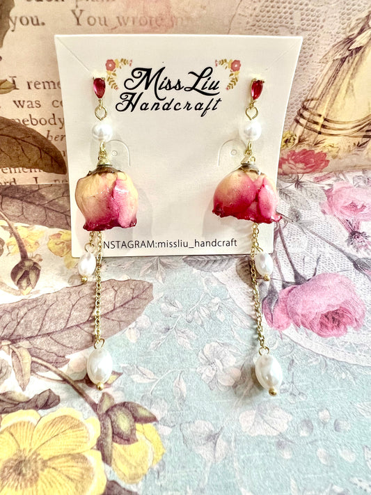 Handmade pink rose pearl dangling earring