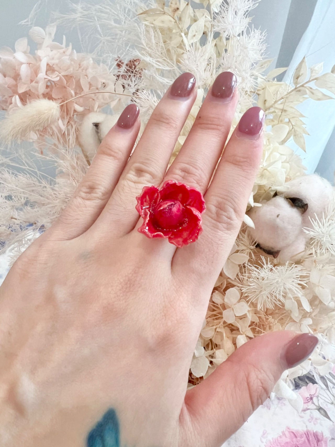 Handmade red rose ring