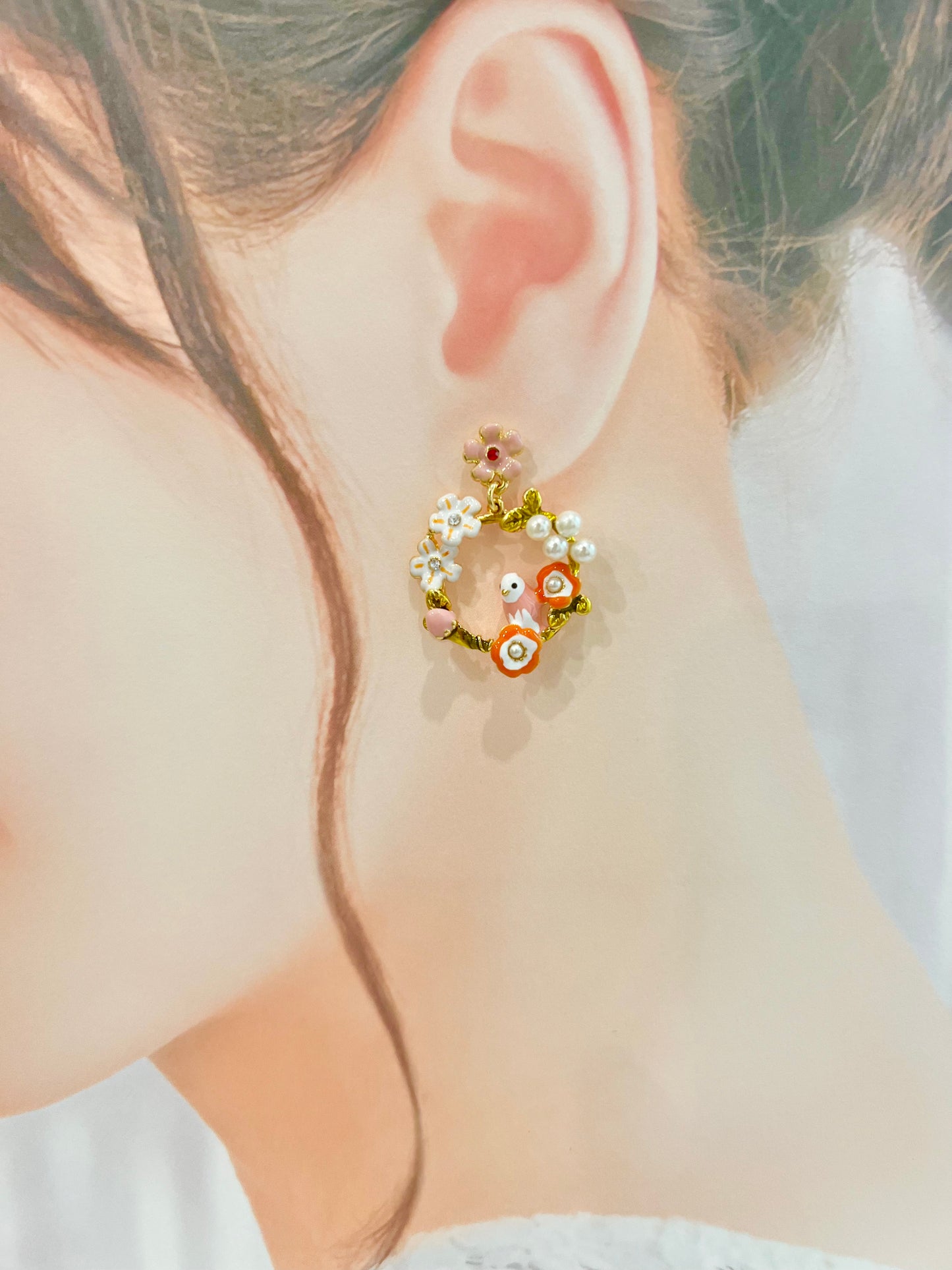 Pink flower bird earring