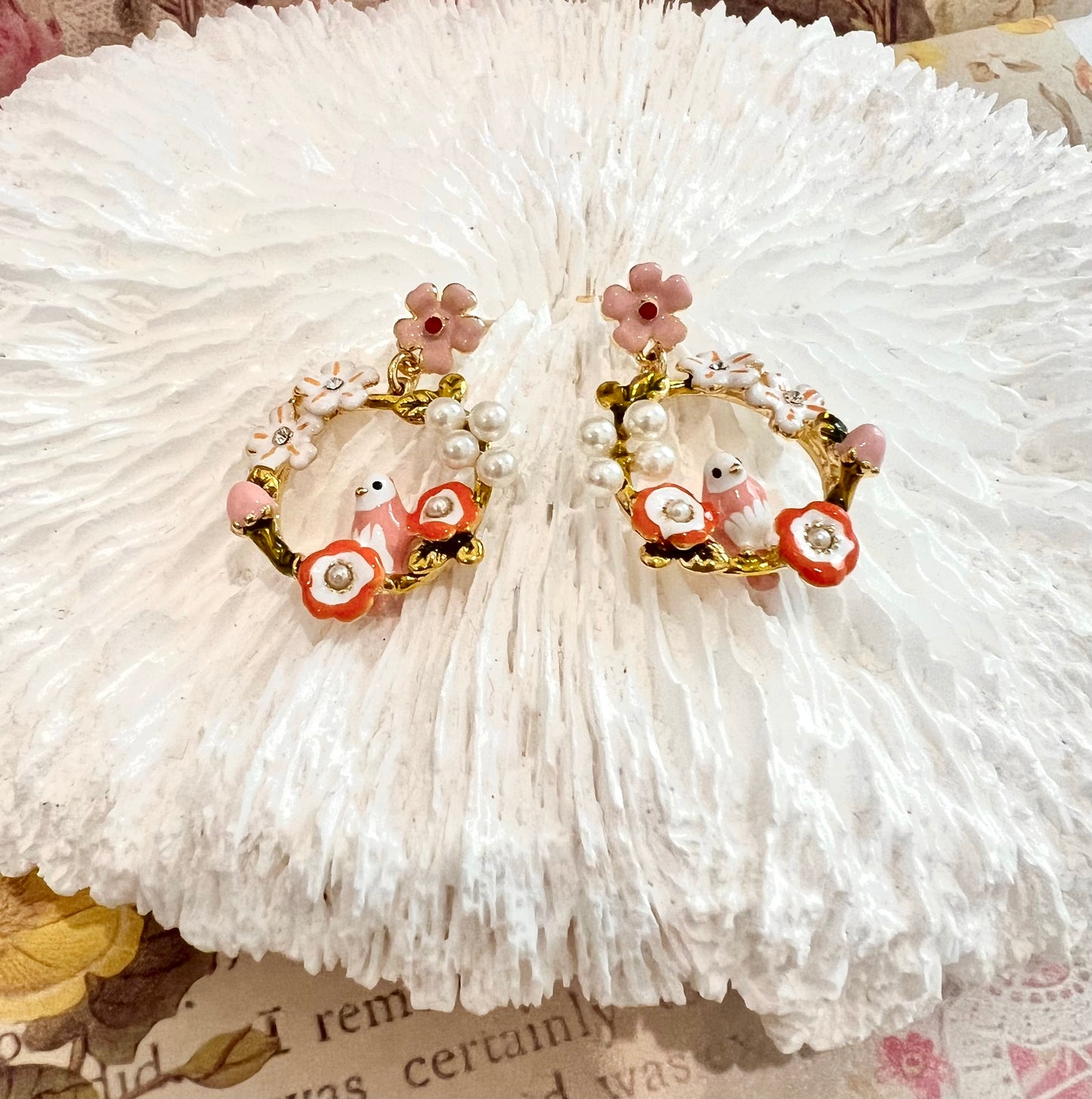 Pink flower bird earring