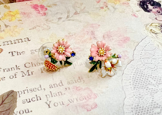 Pink flower combination earring