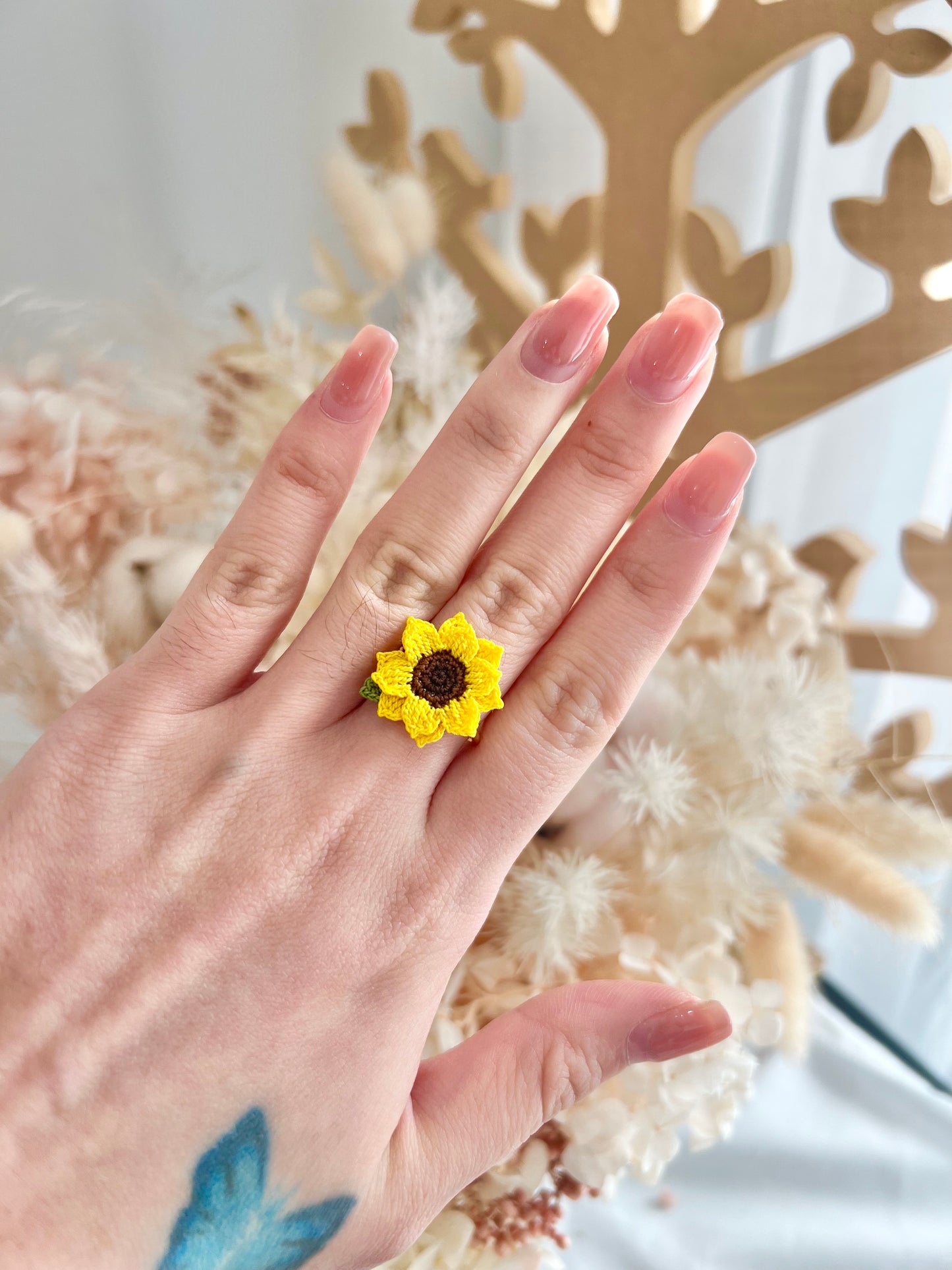 Handmade crochet sunflower ring