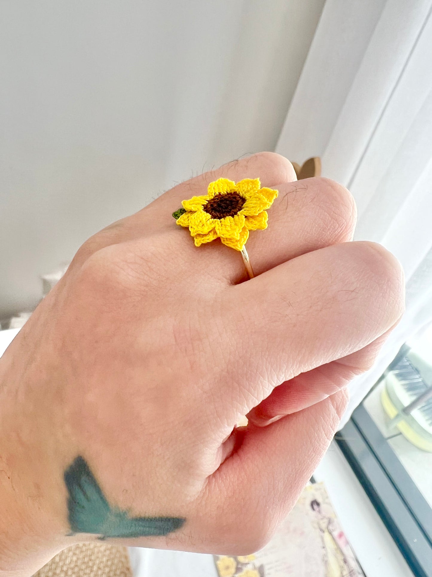 Handmade crochet sunflower ring