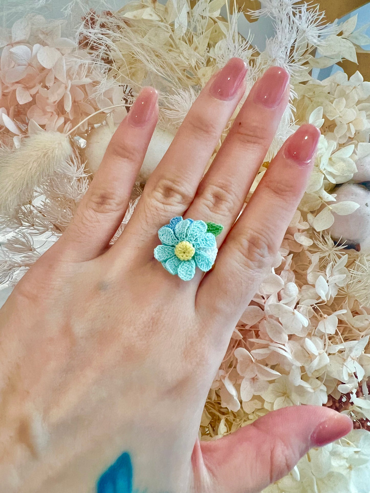 Handmade crochet multi-flower ring in blue