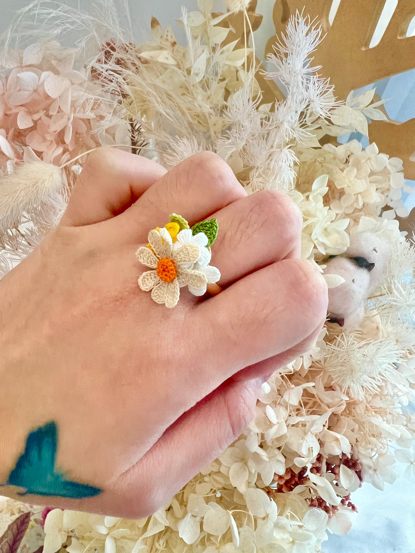 Handmade crochet multi-flower ring in orange