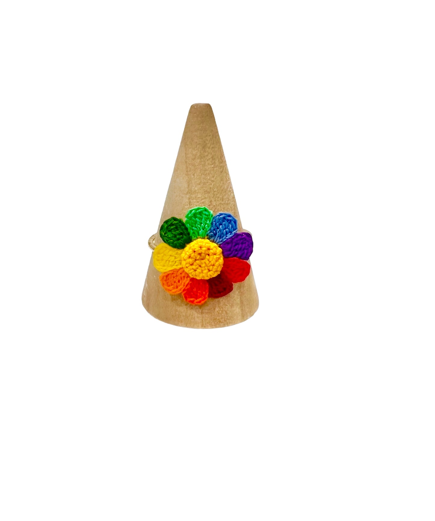 Handmade crochet rainbow flower ring