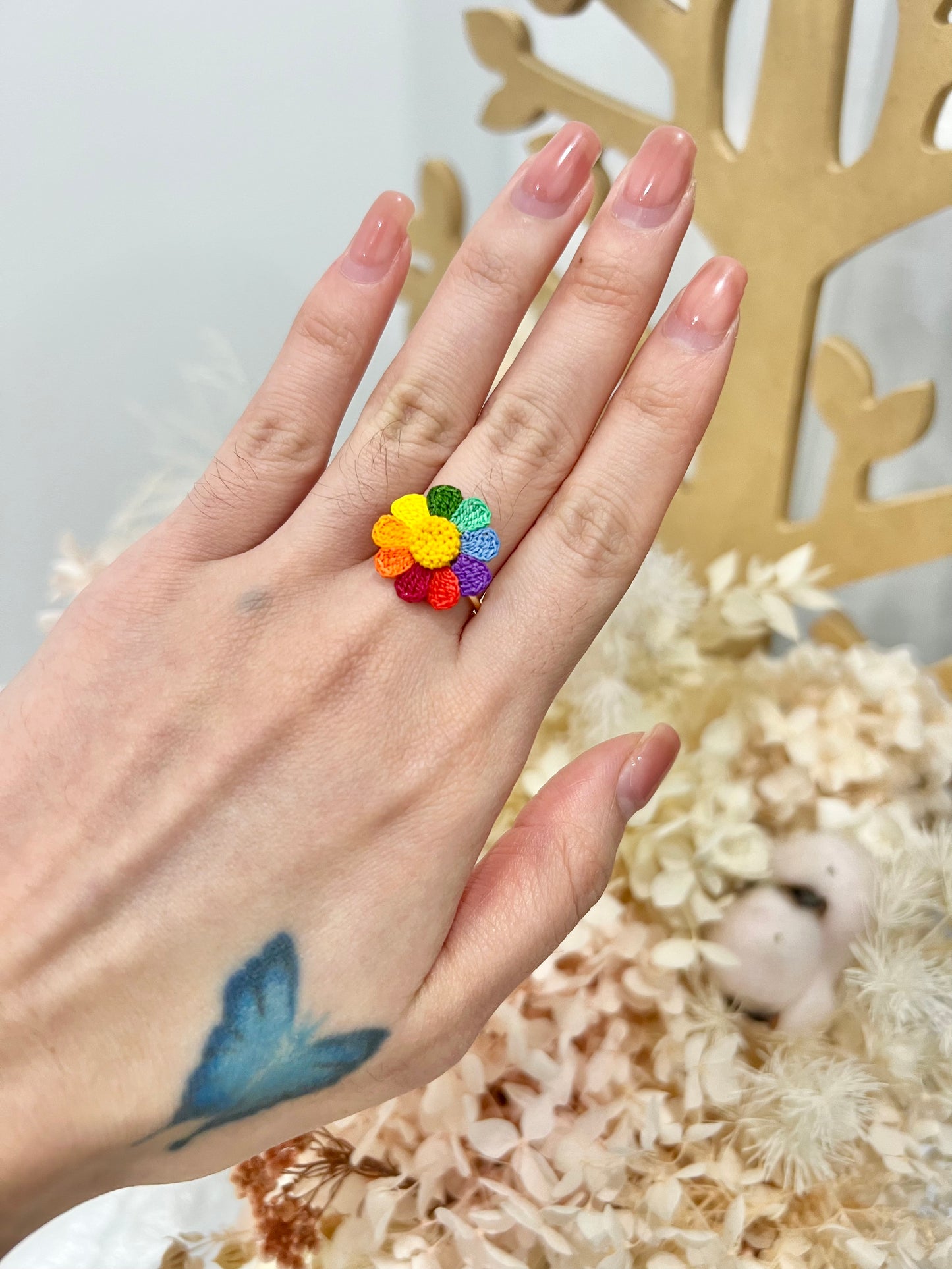 Handmade crochet rainbow flower ring