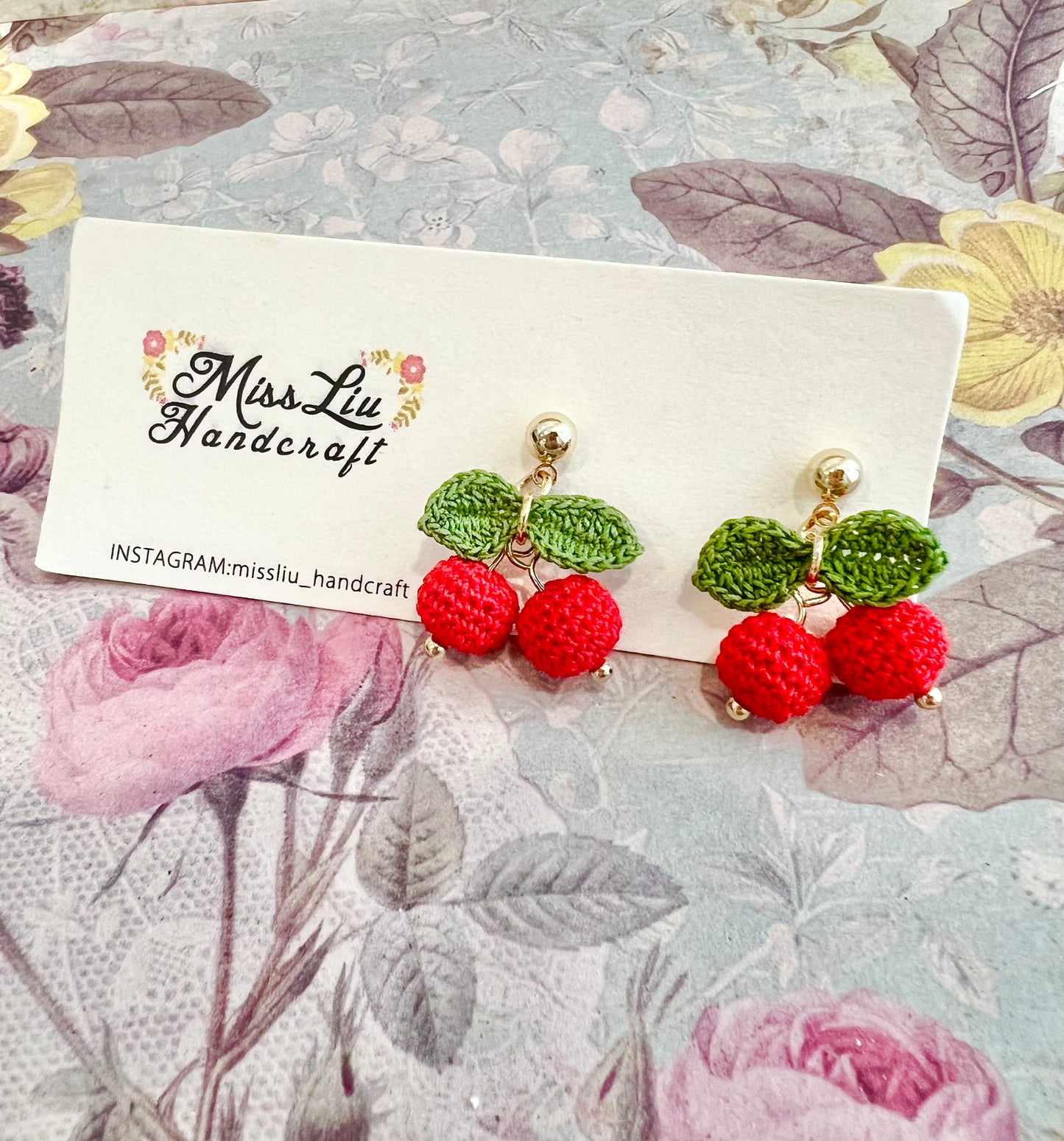 Handmade crochet cherry earring