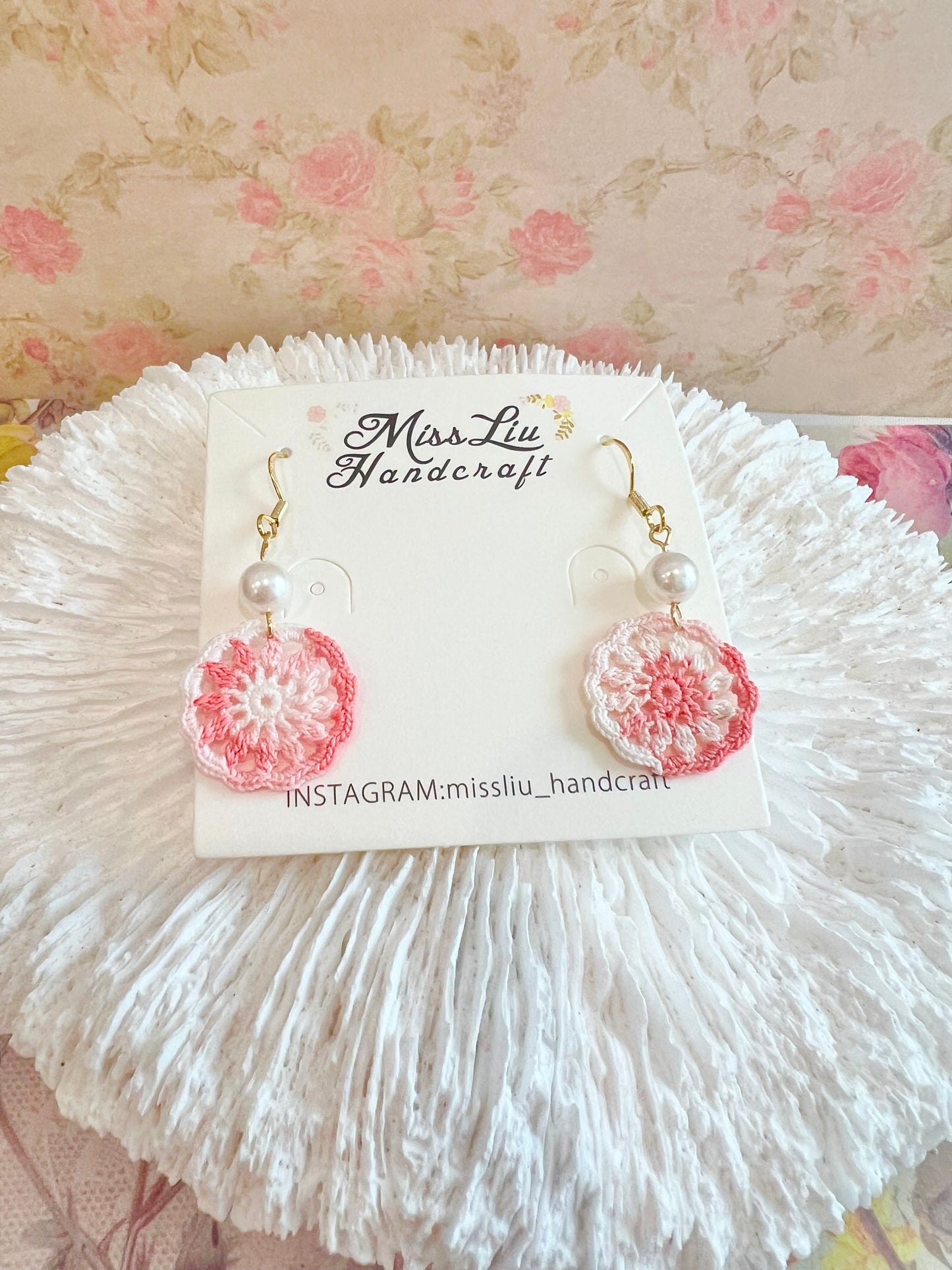 Handmade crochet pink dream catcher earring