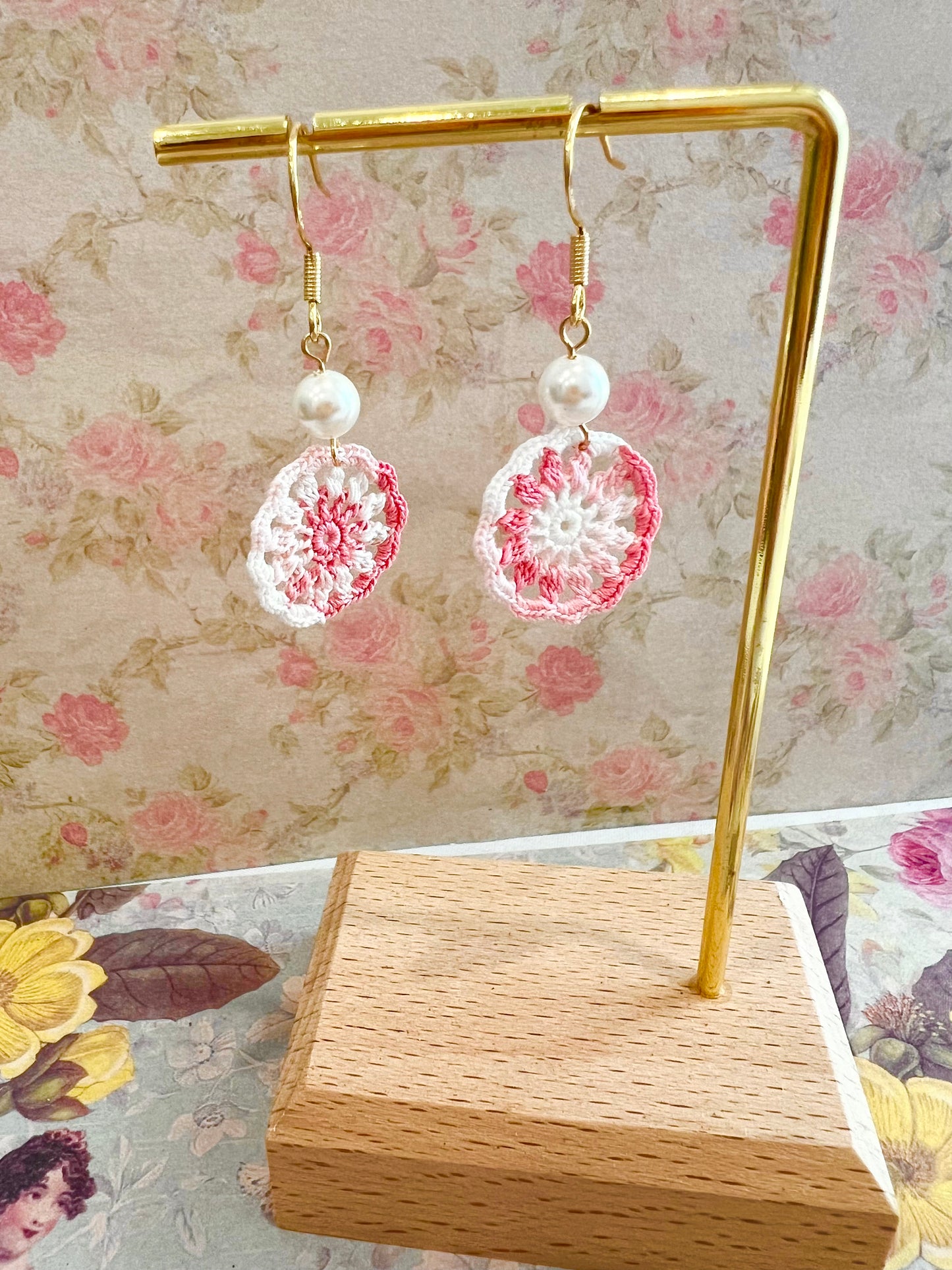 Handmade crochet pink dream catcher earring